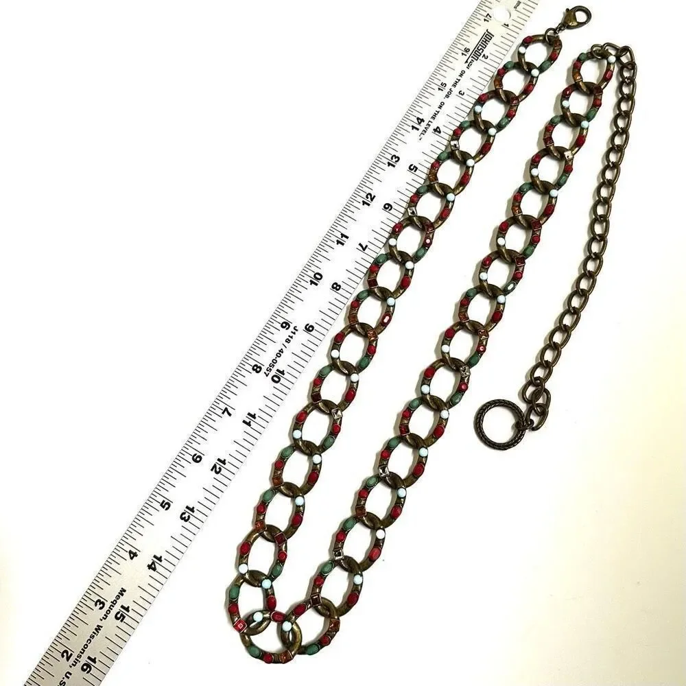 Vintage antiqued gold tone jeweled adjustable chain belt